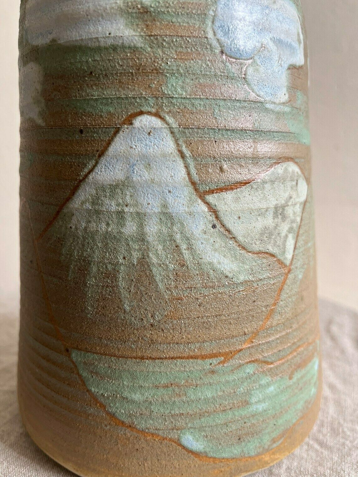 Studio Pottery Hand Painted Pot Caddy Or Vase With Mountain Hill Scene And Clouds Mid Century C. 1960 1970 photo furniture