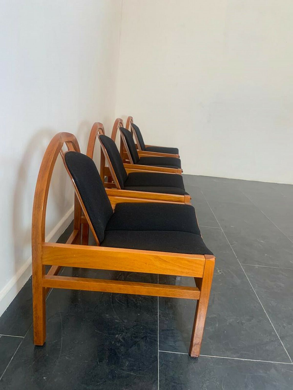 4 Argos Armchairs In Beech And Black Fabric By Baumann, 1980s photo buy