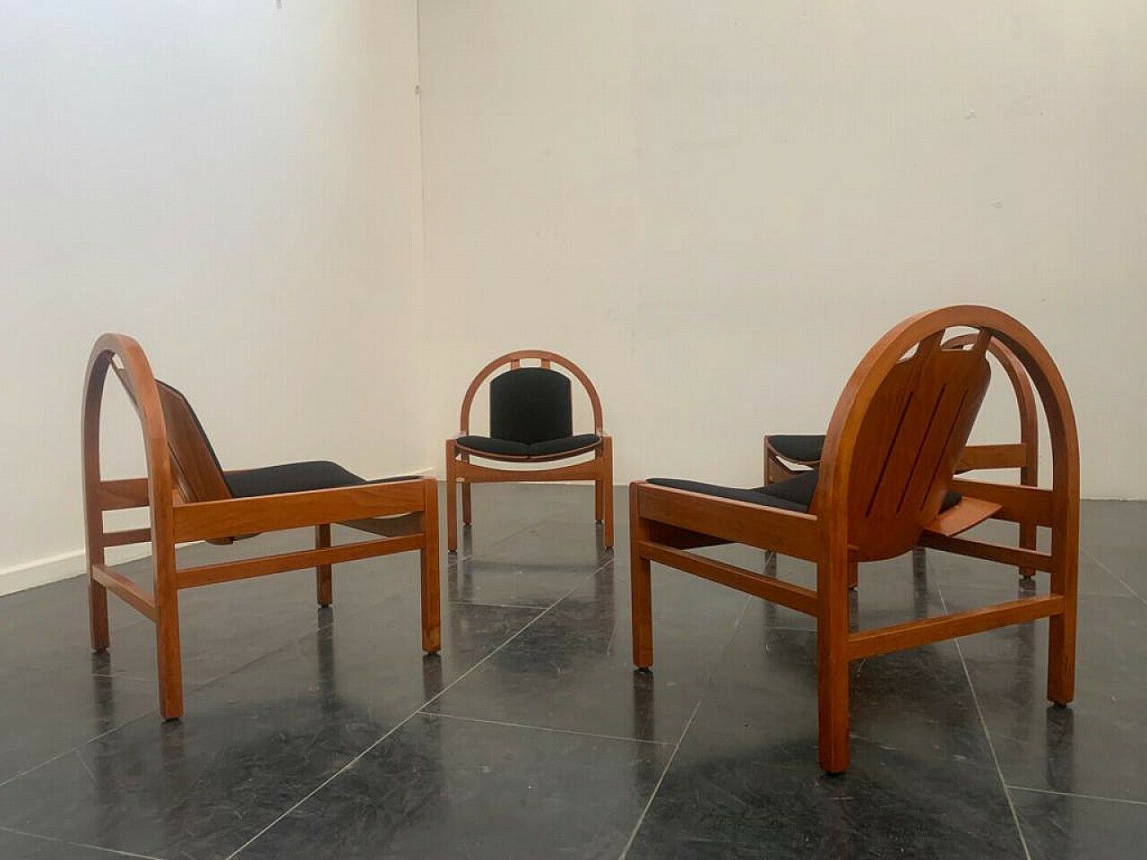 4 Argos Armchairs In Beech And Black Fabric By Baumann, 1980s photo vintage