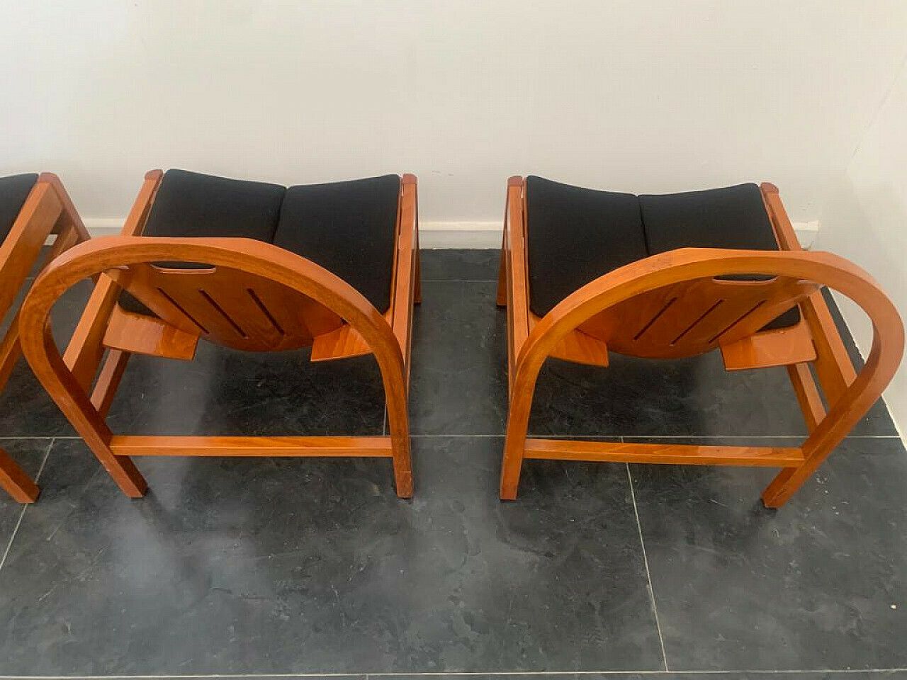 photo buy 4 Argos Armchairs In Beech And Black Fabric By Baumann, 1980s