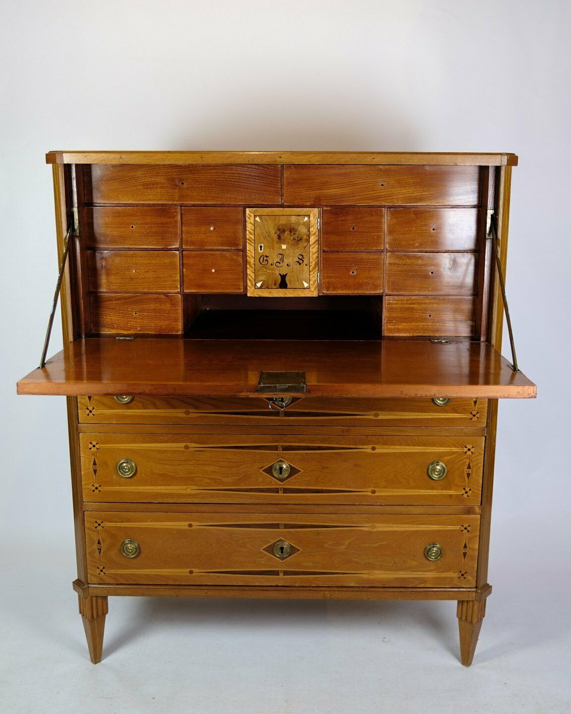Secretary In Elm Wood With Intarsia Of Fruit Wood & Brass Handle From 1810s photo vintage