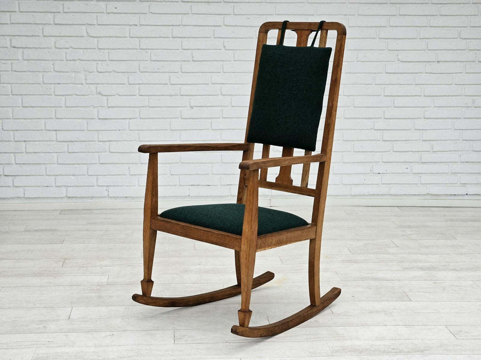 photo vintage 1950 60s, Reupholstered Danish Highback Rocking Chair, Kvadrat Furniture Wool.