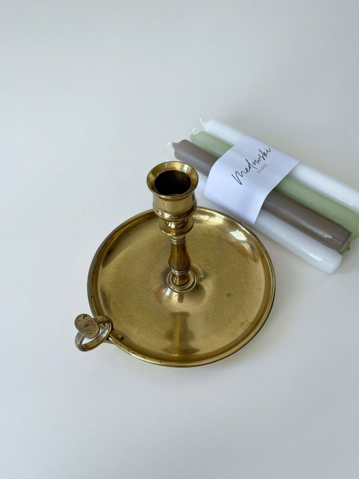 Vintage Brass Candle Holder With Handle And 6 Pastel Candles photo Home Decor