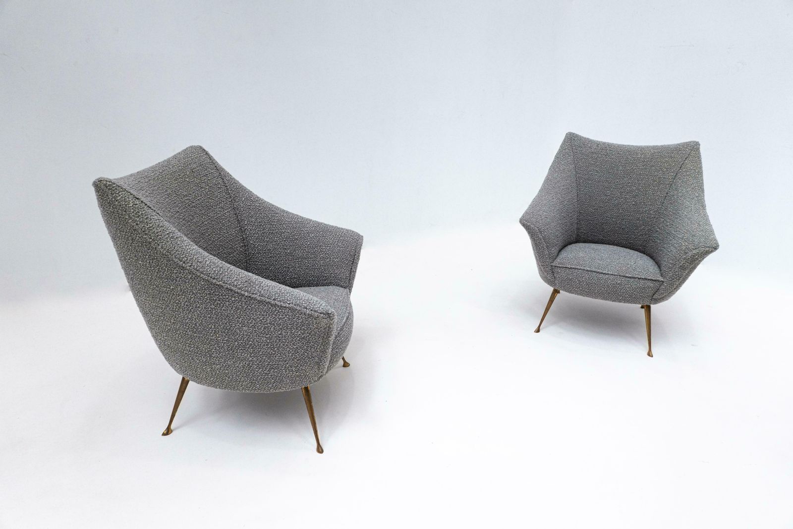 Pair Of Mid Century Grey New Upholstery And Brass Feets Armchairs, Italy, 1950s photo furniture