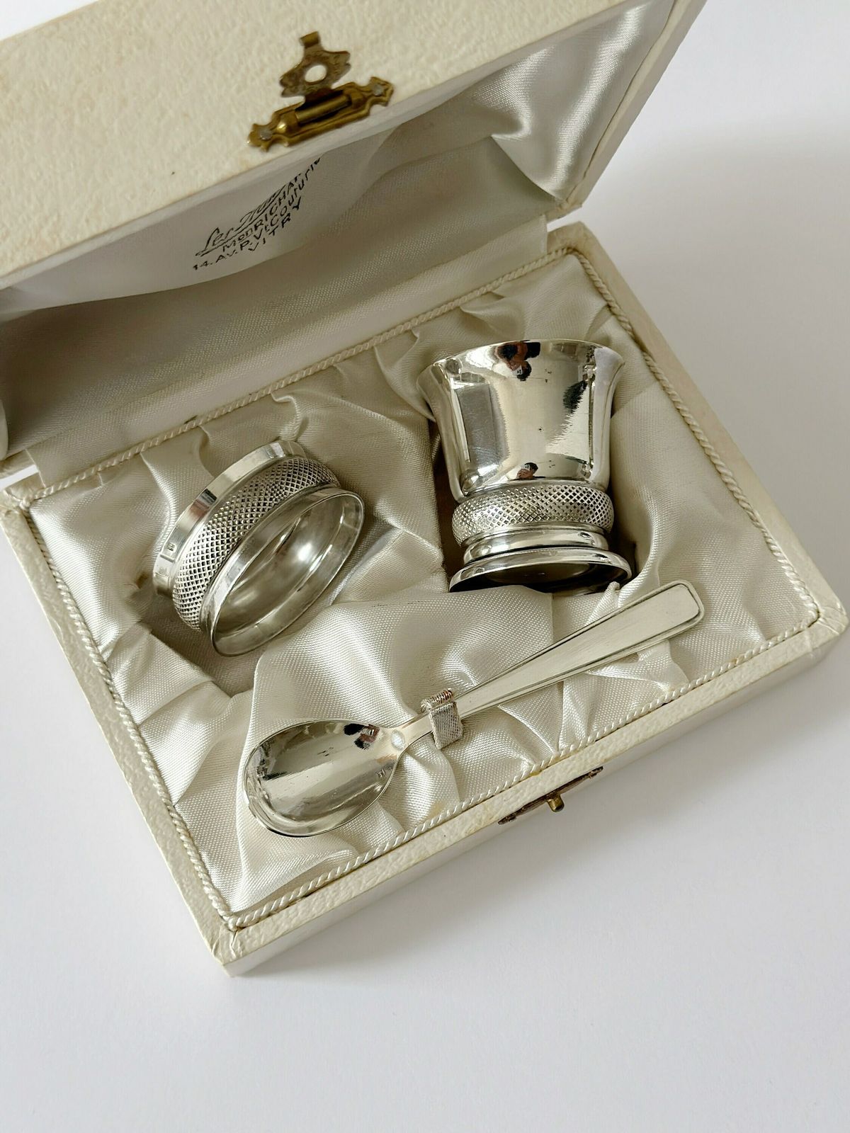 Vintage Silver Plated Baptism Gift Box. Napkin Ring, Spoon, Tumbler For Baptism