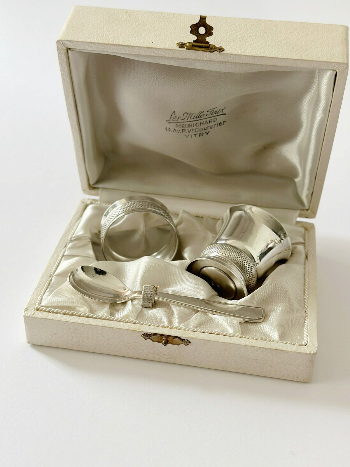 Vintage Silver Plated Baptism Gift Box. Napkin Ring, Spoon, Tumbler For Baptism photo buy