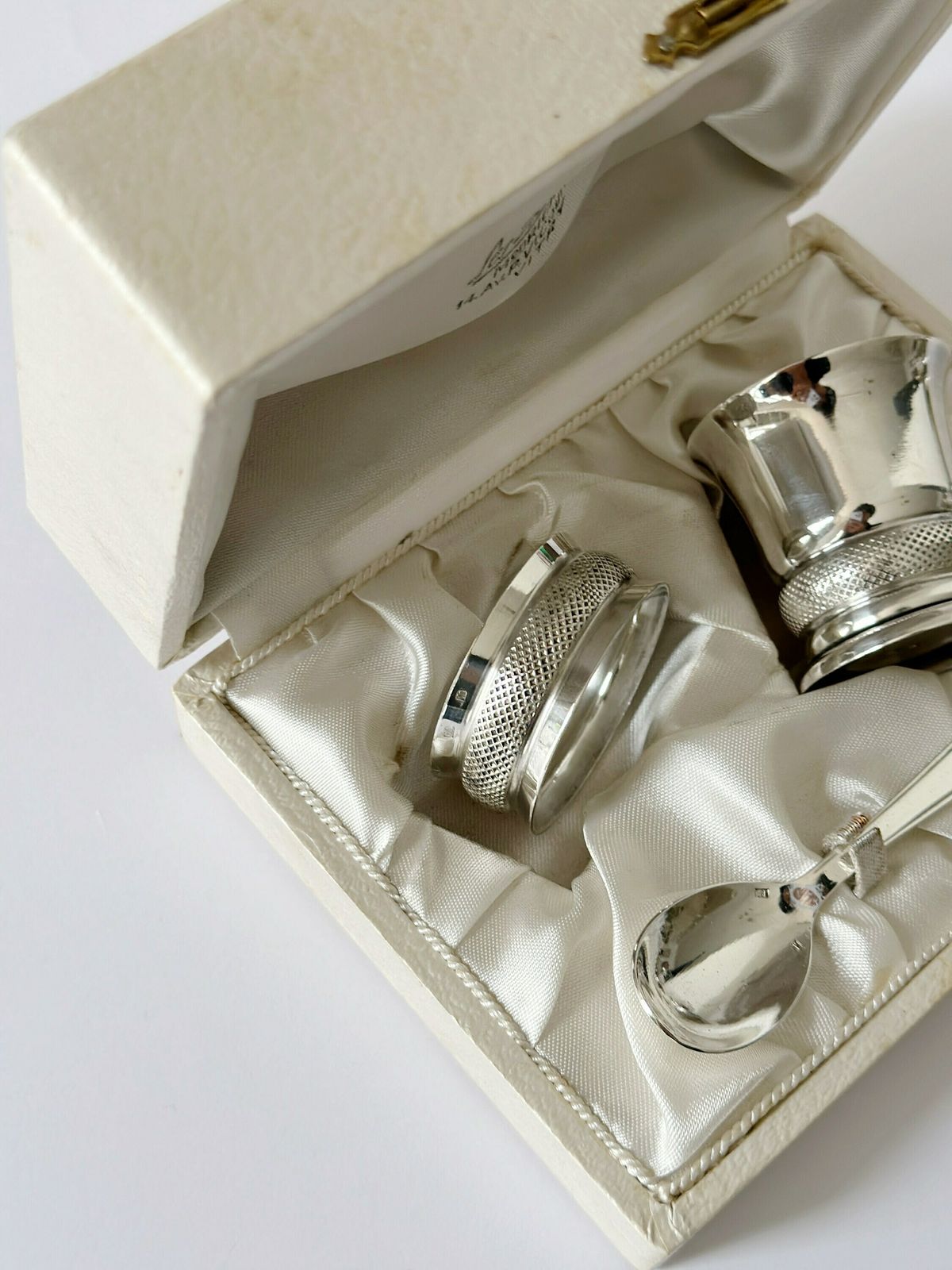 Vintage Silver Plated Baptism Gift Box. Napkin Ring, Spoon, Tumbler For Baptism photo vintage
