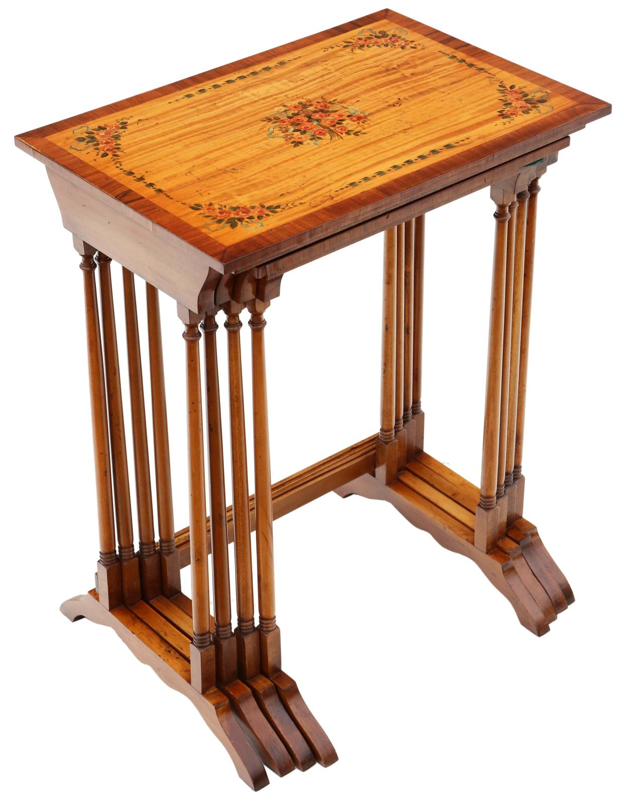 Antique Retro Vintage Fine Quality Decorated Satinwood Nest Of 4 Georgian Revival Tables C1960