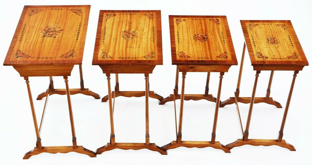 Antique Fine Quality Retro Vintage Decorated Satinwood Nest Of 4 Georgian Revival Tables C1960 photo for sale