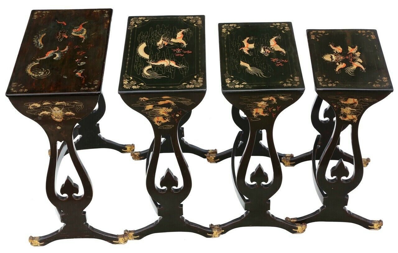 Antique Fine Quality Chinoiserie Decorated Black Lacquer Nest Of 4 19th Century Tables photo for sale