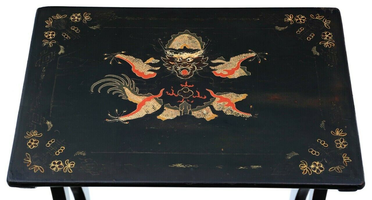 Antique Fine Quality Chinoiserie Decorated Black Lacquer Nest Of 4 19th Century Tables photo Furniture