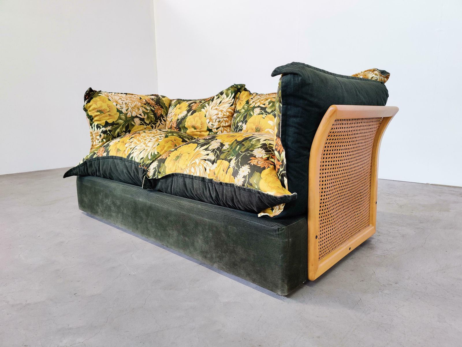 Mid Century Modern Italian Sofa, Rattan And Original Fabric, 1970s photo furniture