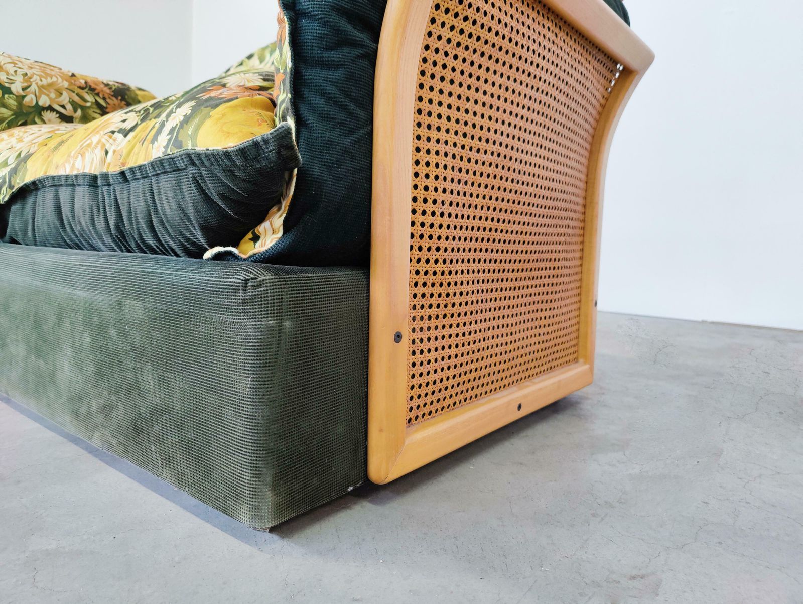Mid Century Modern Italian Sofa, Rattan And Original Fabric, 1970s photo Furniture