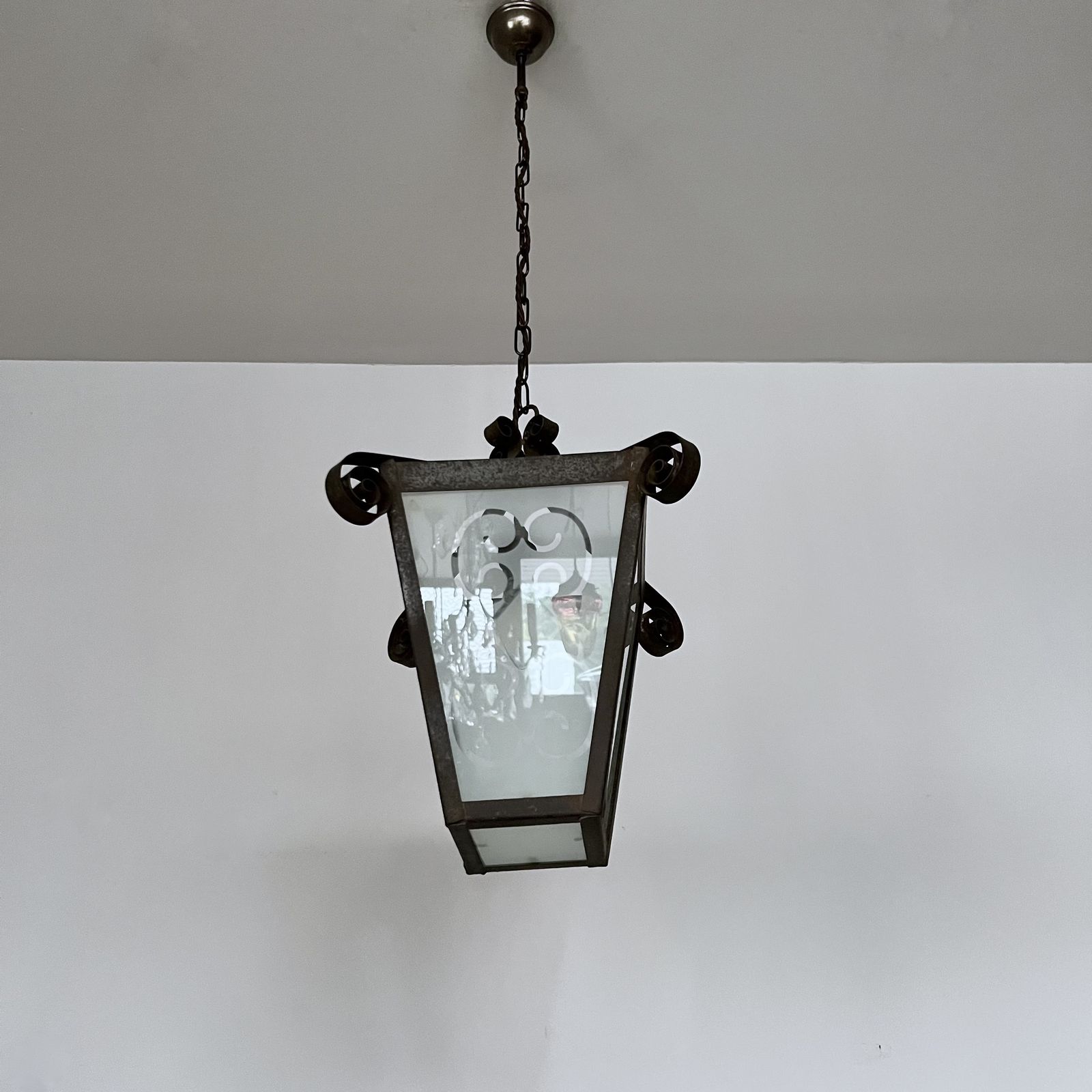 French Wrought Iron Lantern With Etched Frosted Glass photo furniture