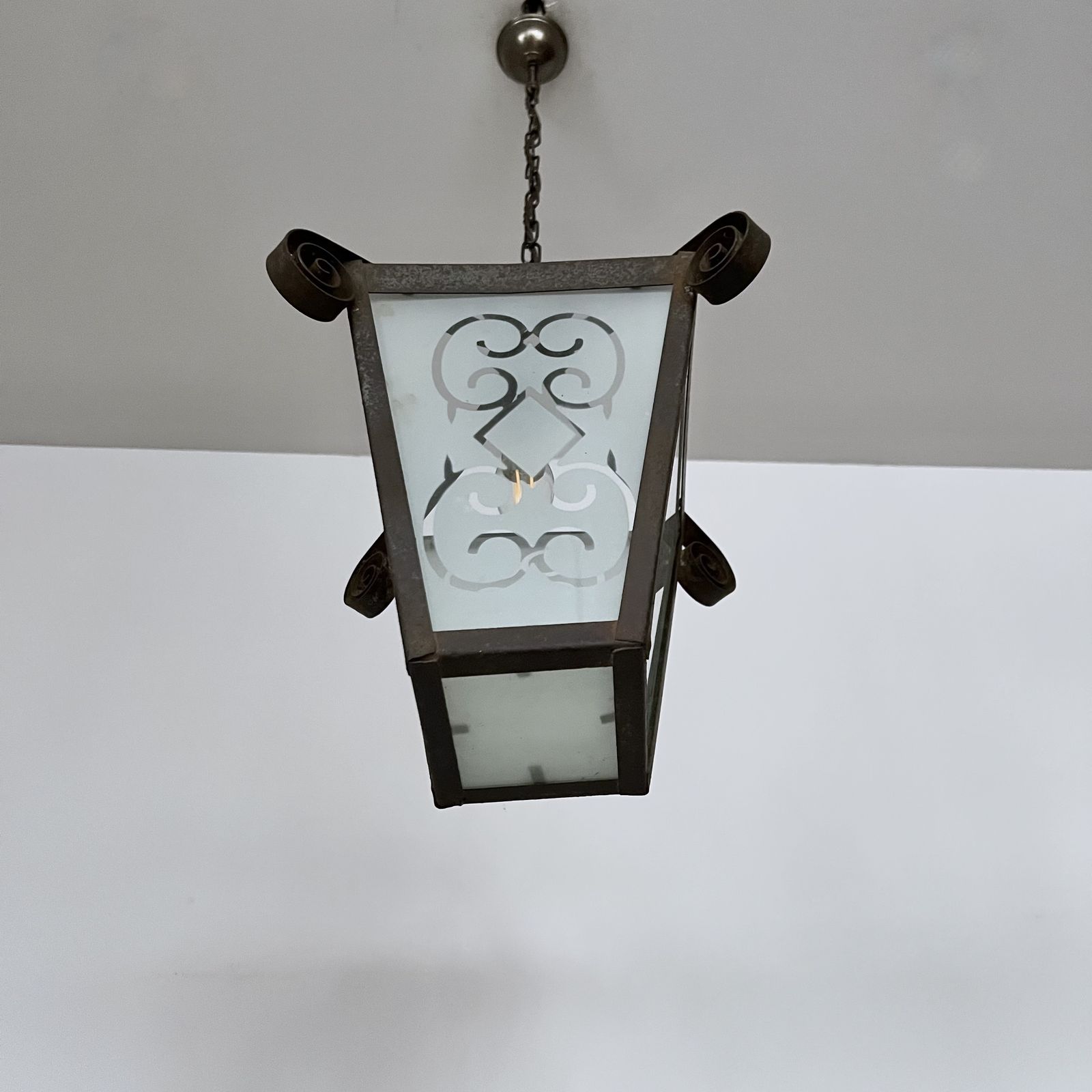 French Wrought Iron Lantern With Etched Frosted Glass photo Lighting
