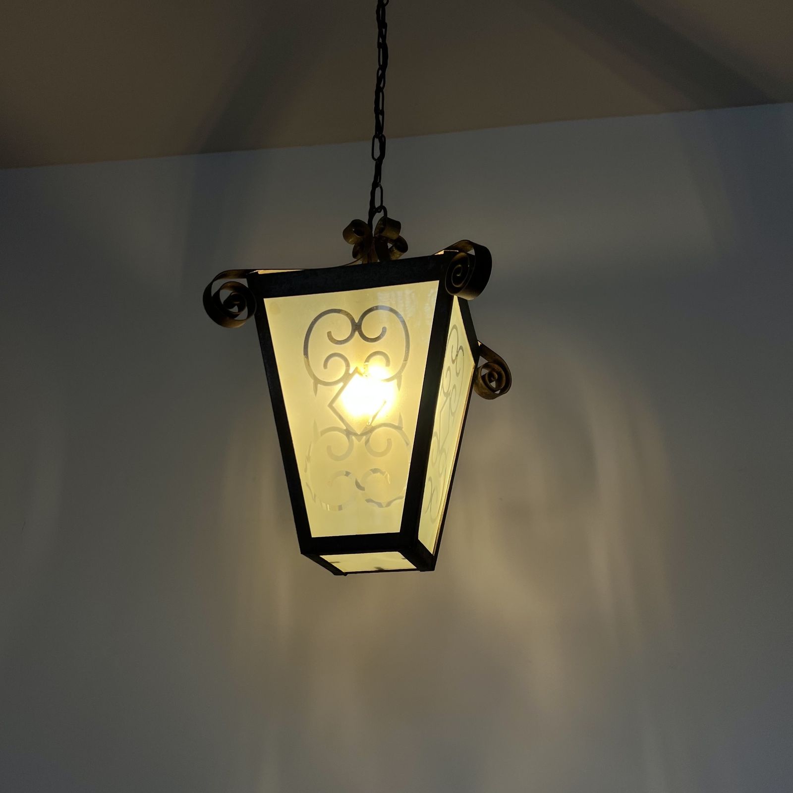 French Wrought Iron Lantern With Etched Frosted Glass photo 260.0