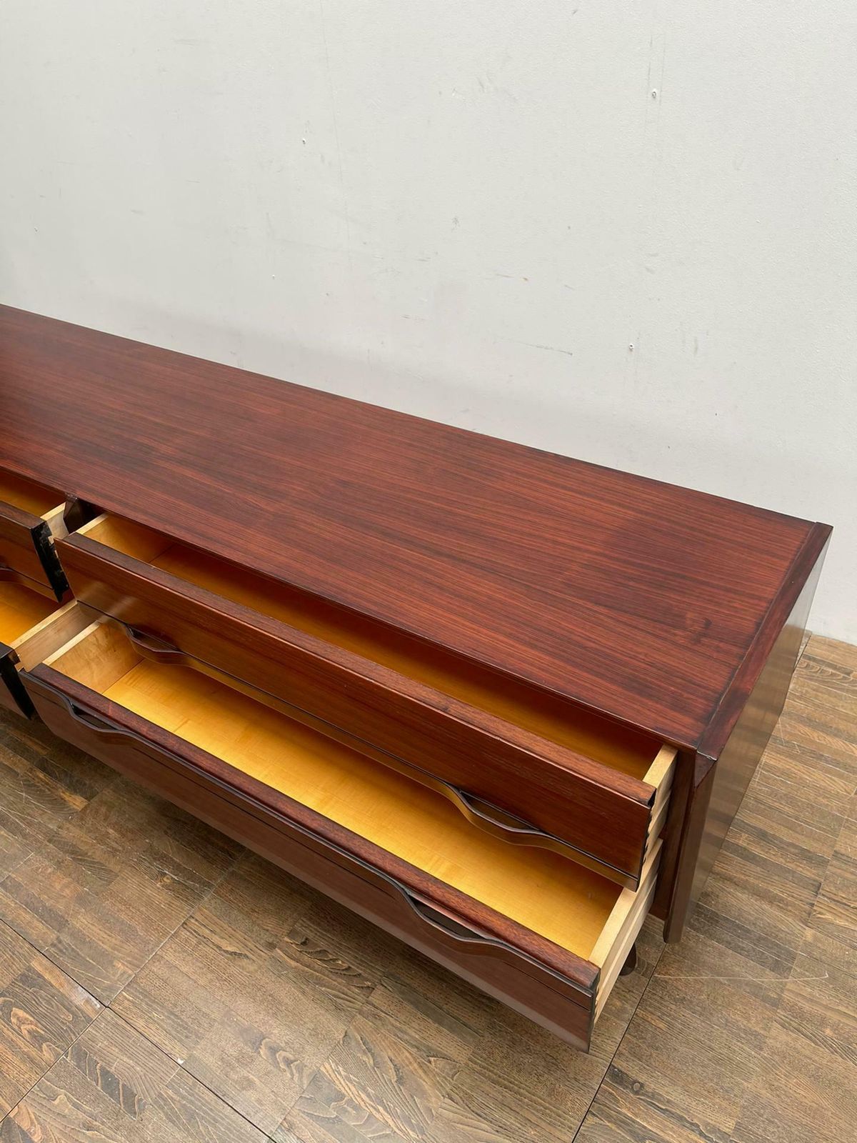 Mid Century Modern Italian Low Wooden Credenza, With Four Drawers photo buy