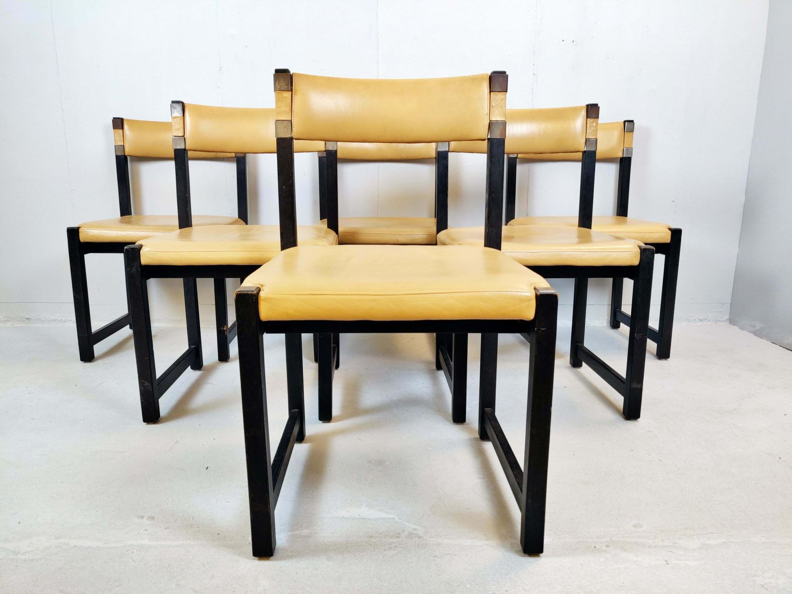 Set Of Six Chairs, Wood And Leather, Circa 1970 photo buy
