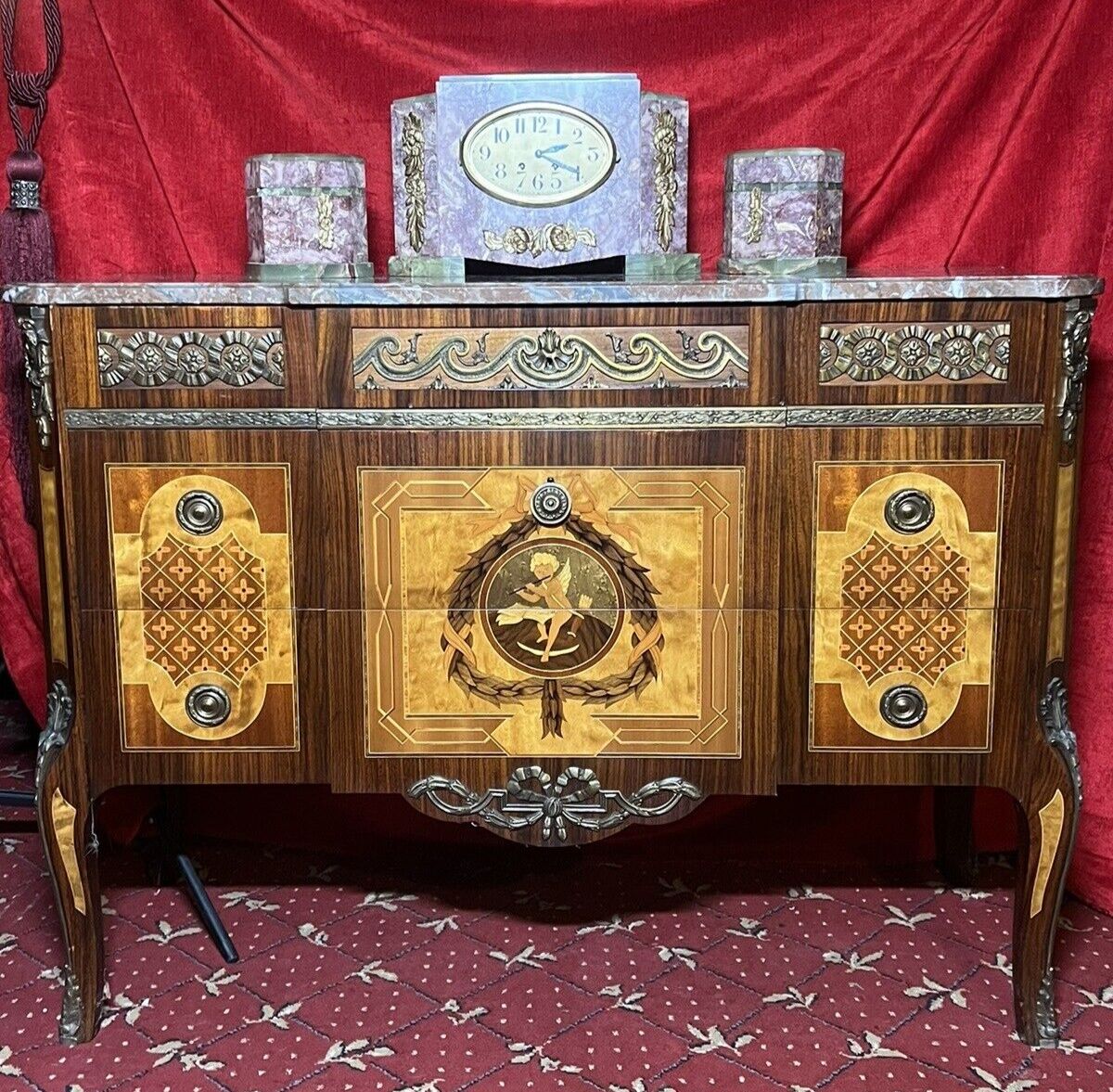 French Régency Ormolu/Marquetry Inlaid Breakfront Marble Top Commode photo furniture