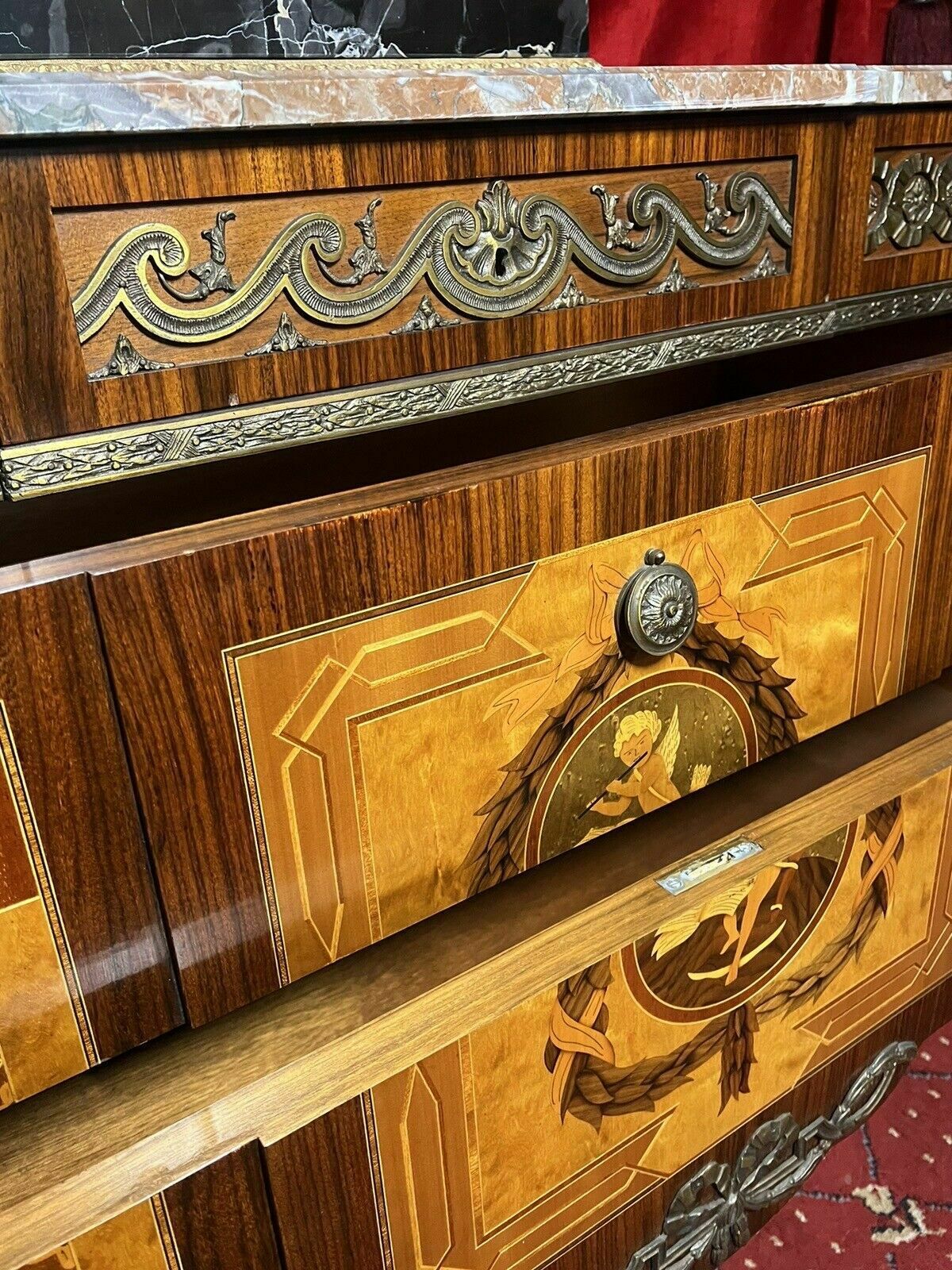 1295.0 French Régency Ormolu/Marquetry Inlaid Breakfront Marble Top Commode photo