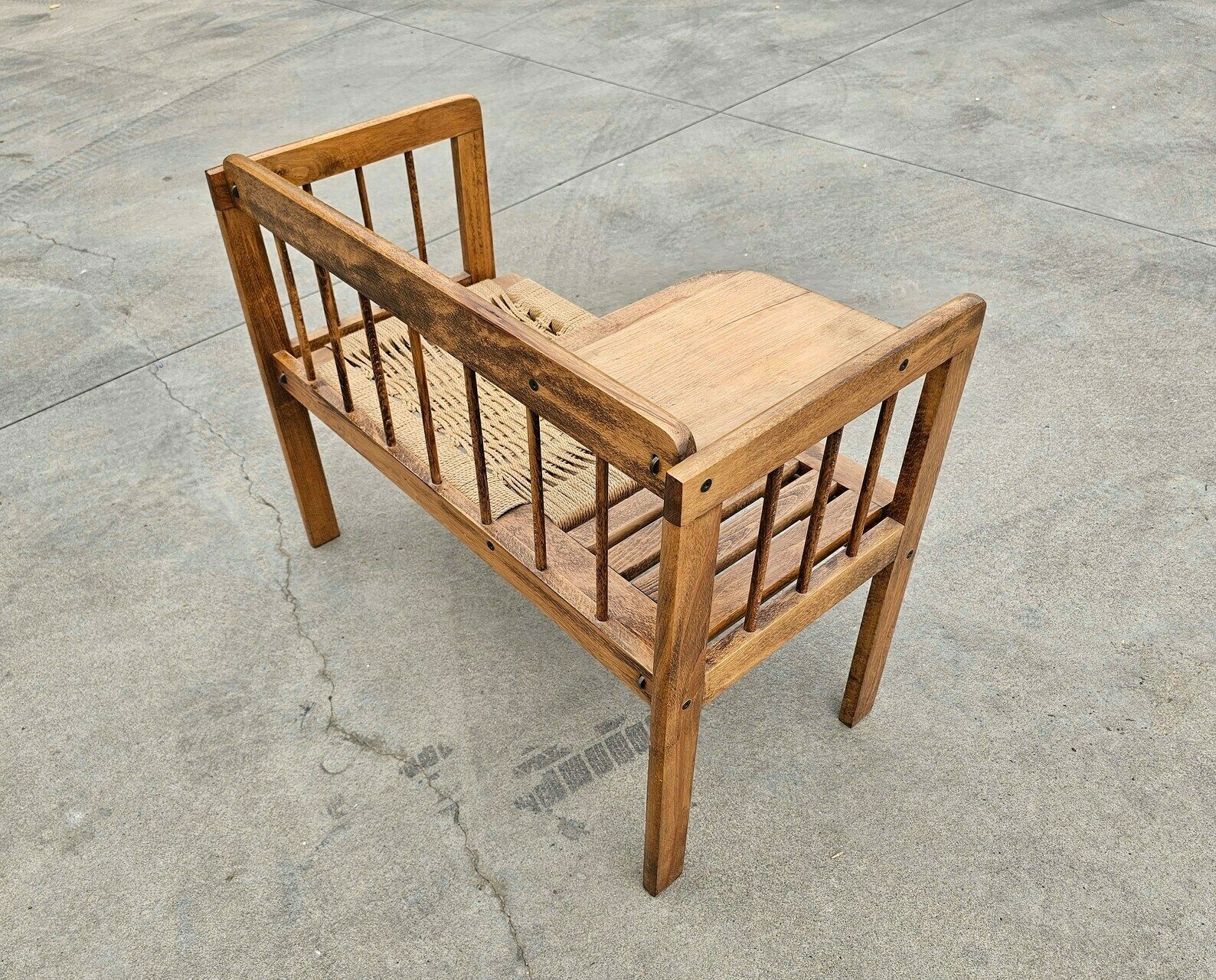 Mid Century Modern Telephone Bench With Danish Paper Cord Seat In Style Of Hans J. Wegner // Gossip Bench // Made In Yugoslavia In 1960s photo 1800.0