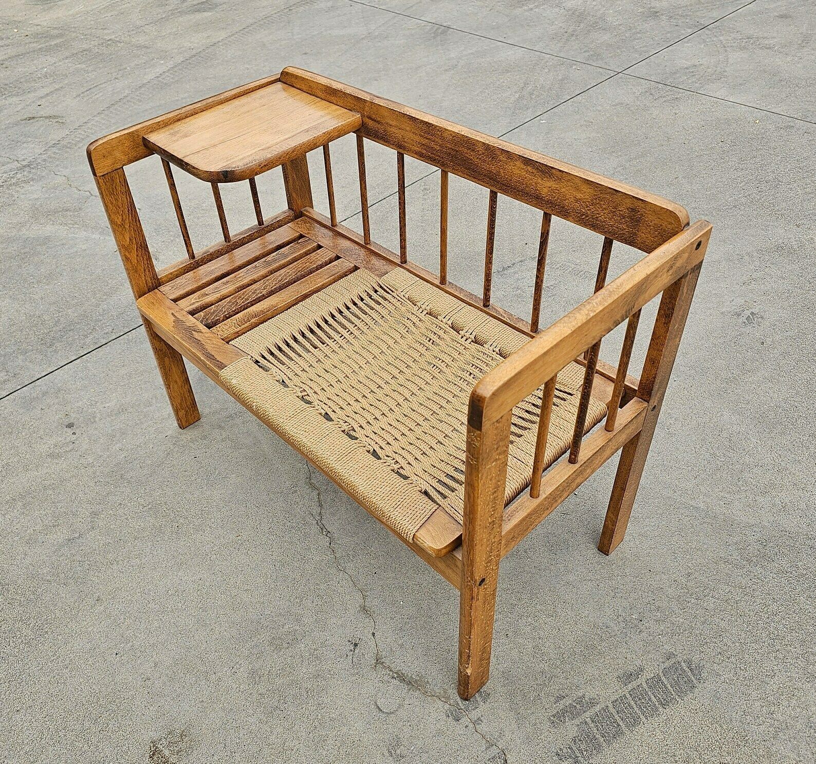 Mid Century Modern Telephone Bench With Danish Paper Cord Seat In Style Of Hans J. Wegner // Gossip Bench // Made In Yugoslavia In 1960s photo vinterior