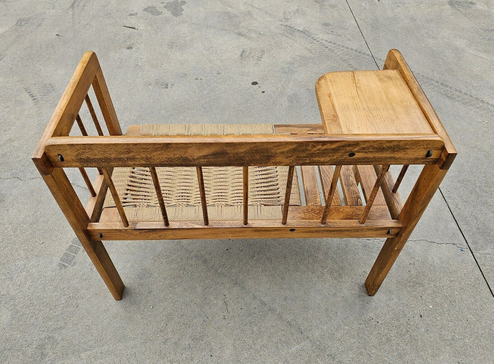 Mid Century Modern Telephone Bench With Danish Paper Cord Seat In Style Of Hans J. Wegner // Gossip Bench // Made In Yugoslavia In 1960s photo buy