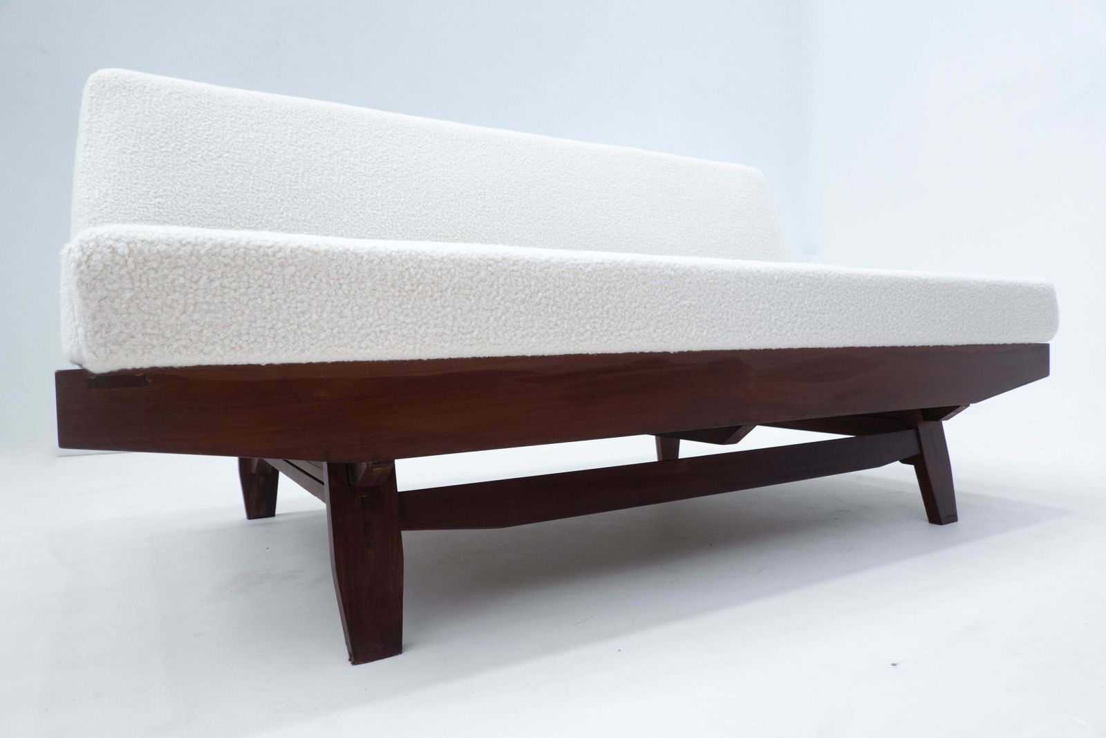 Mid Century Modern Italian Sofa, White Boucle And Wood, 1960s photo buy