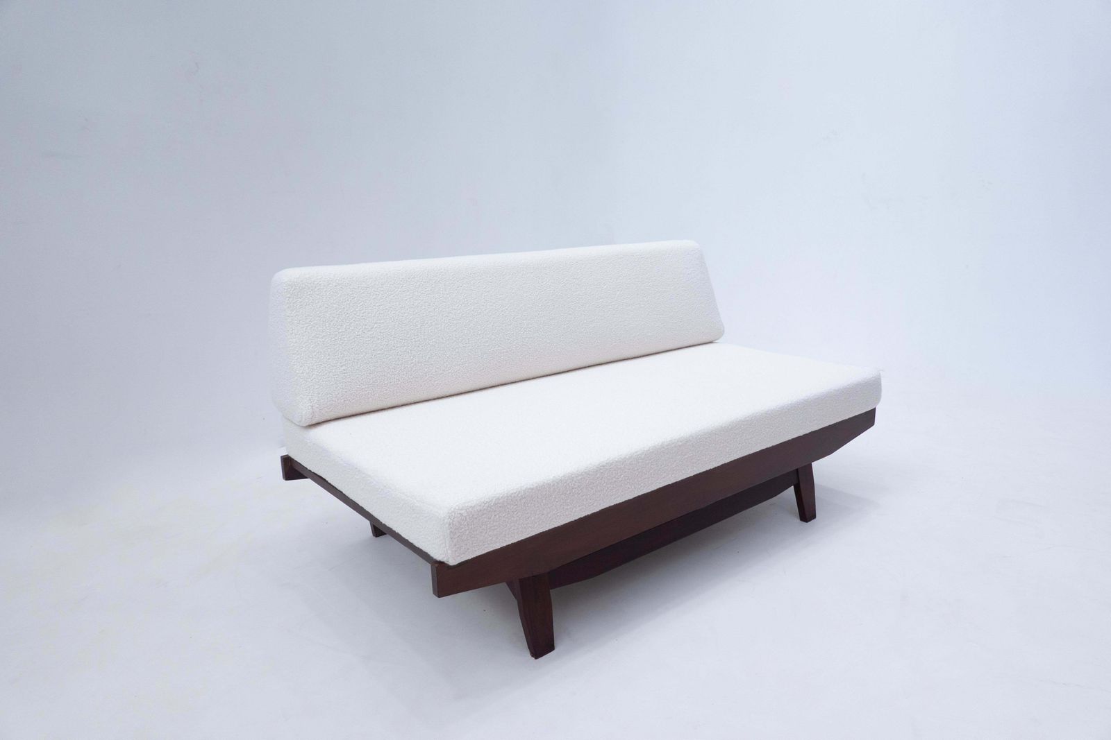 photo for sale Mid Century Modern Italian Sofa, White Boucle And Wood, 1960s