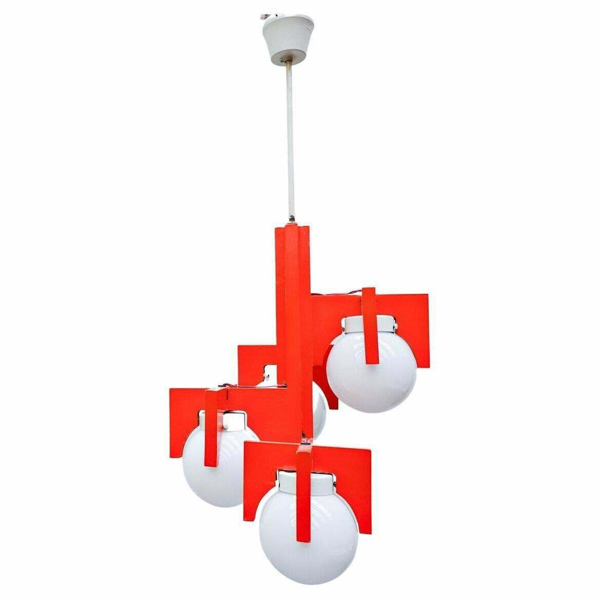 Mid Century Red Lacquered Wood And Opaline Suspension, Italy 1970s