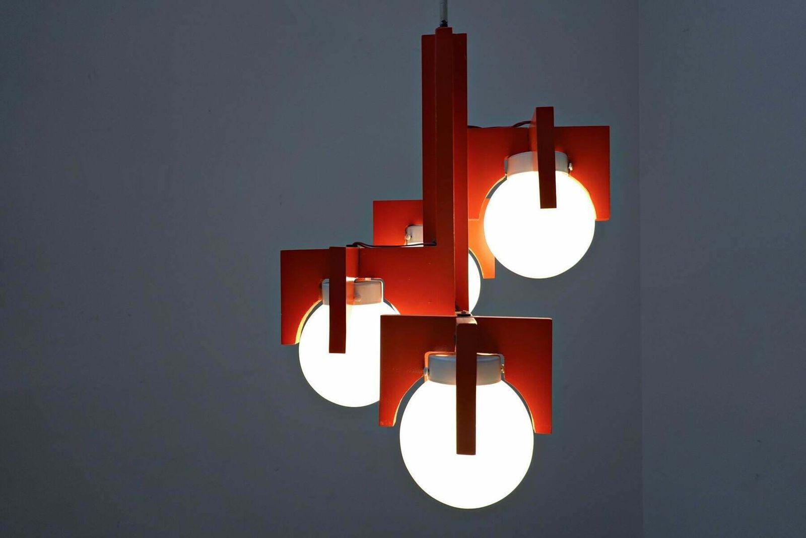 Mid Century Red Lacquered Wood And Opaline Suspension, Italy 1970s photo for sale