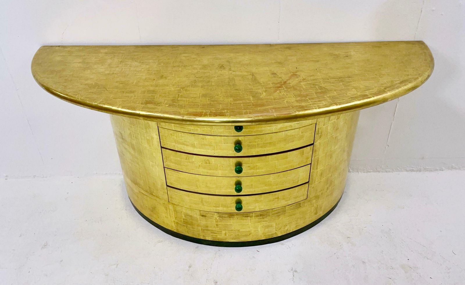 Mid Century Golden Leaves And Malachite Turn Ups Demi Lune Console With Drawers photo vinterior
