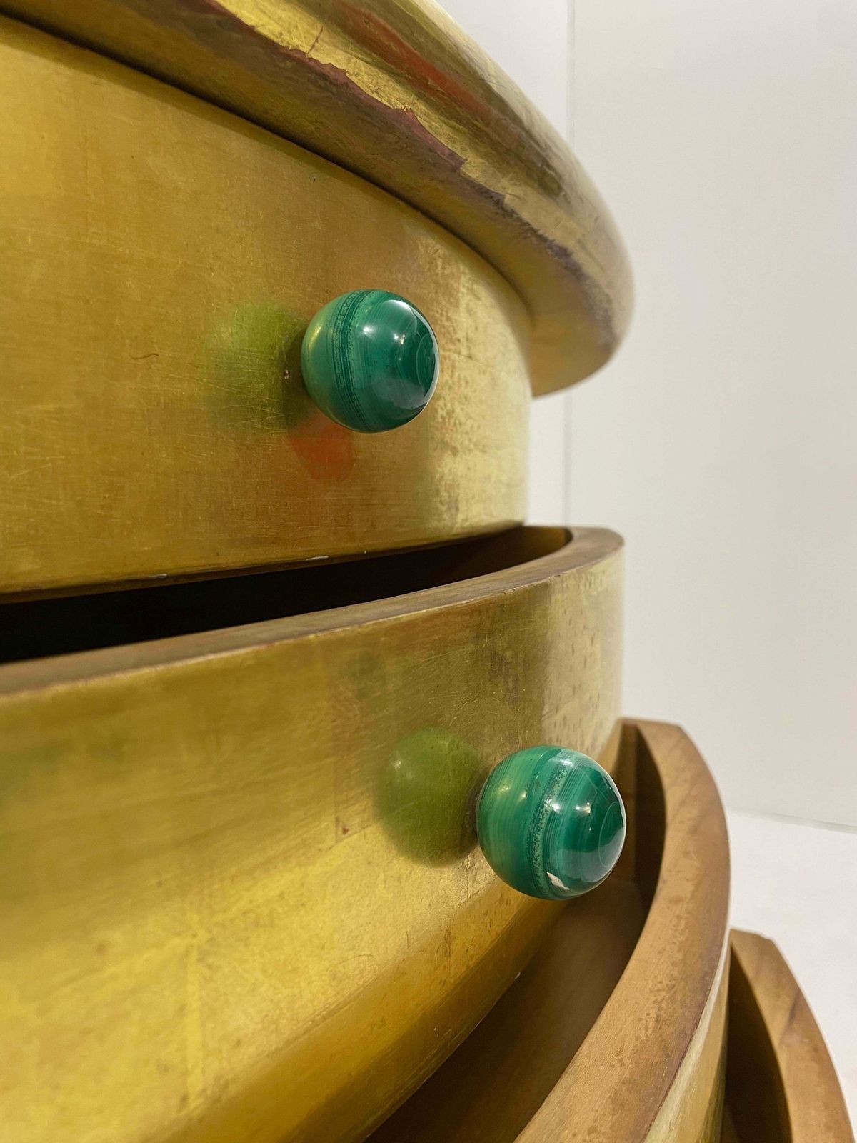 photo for sale Mid Century Golden Leaves And Malachite Turn Ups Demi Lune Console With Drawers