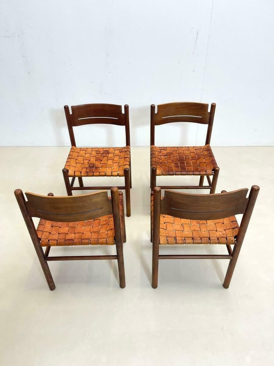 Set Of 4 Mid Century Wood And Leather Dining Chairs, Italy, 1960s photo vinterior