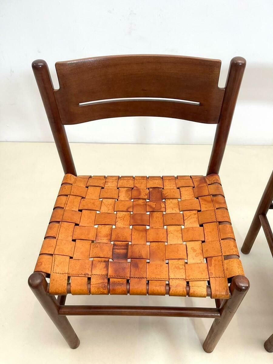 photo for sale Set Of 4 Mid Century Wood And Leather Dining Chairs, Italy, 1960s