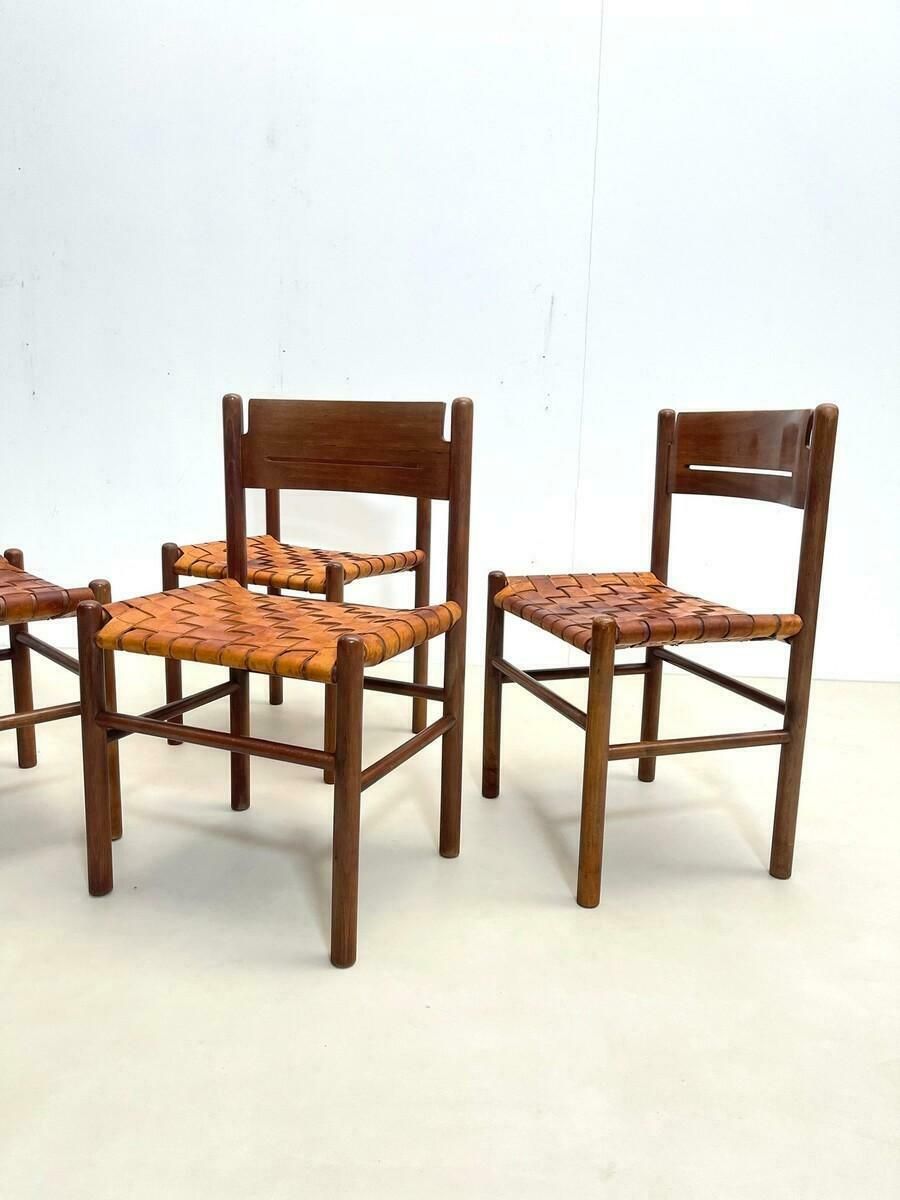 2972.0 Set Of 4 Mid Century Wood And Leather Dining Chairs, Italy, 1960s photo