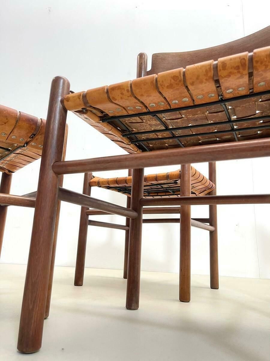 photo vinterior Set Of 4 Mid Century Wood And Leather Dining Chairs, Italy, 1960s