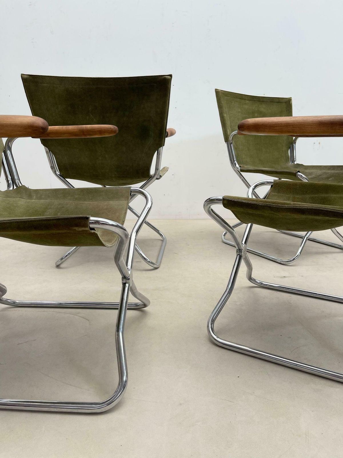Furniture Set Of 4 Mid Century Wood Metal And Green Canvas Folding Armchairs photo