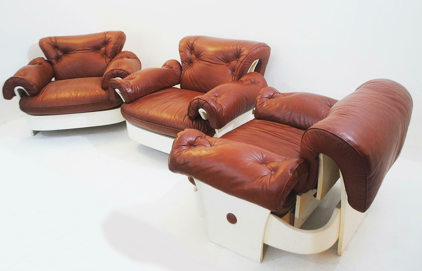 Set Of 3 Armchairs In Leather And Lacquered Wood, Italy, Circa 1980s photo furniture