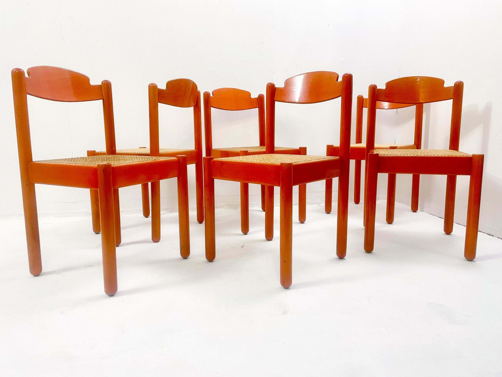 Mid Century Modern Set Of 6 Orange Chairs, Wood, Italy, 1960s photo vinterior