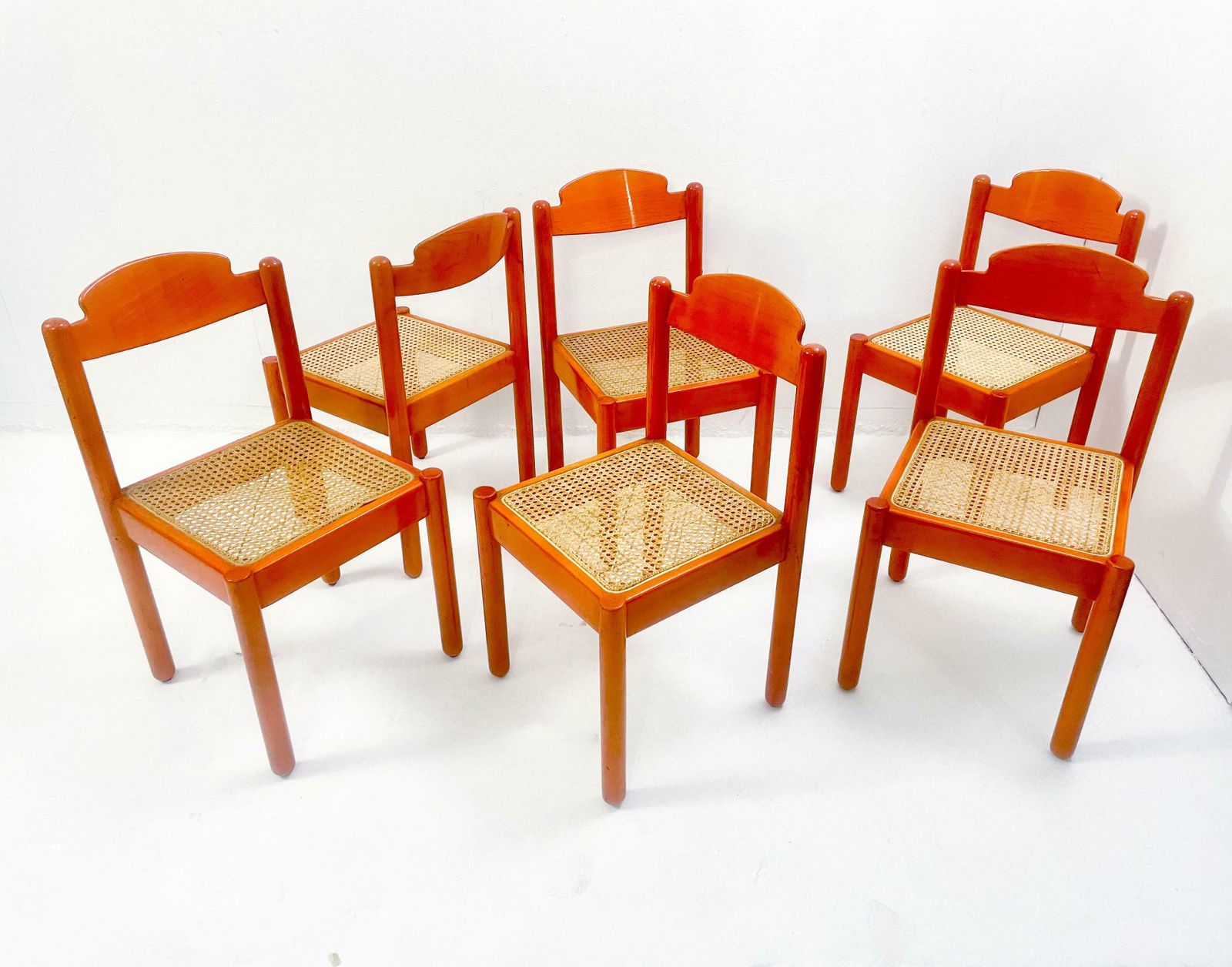Mid Century Modern Set Of 6 Orange Chairs, Wood, Italy, 1960s photo vintage