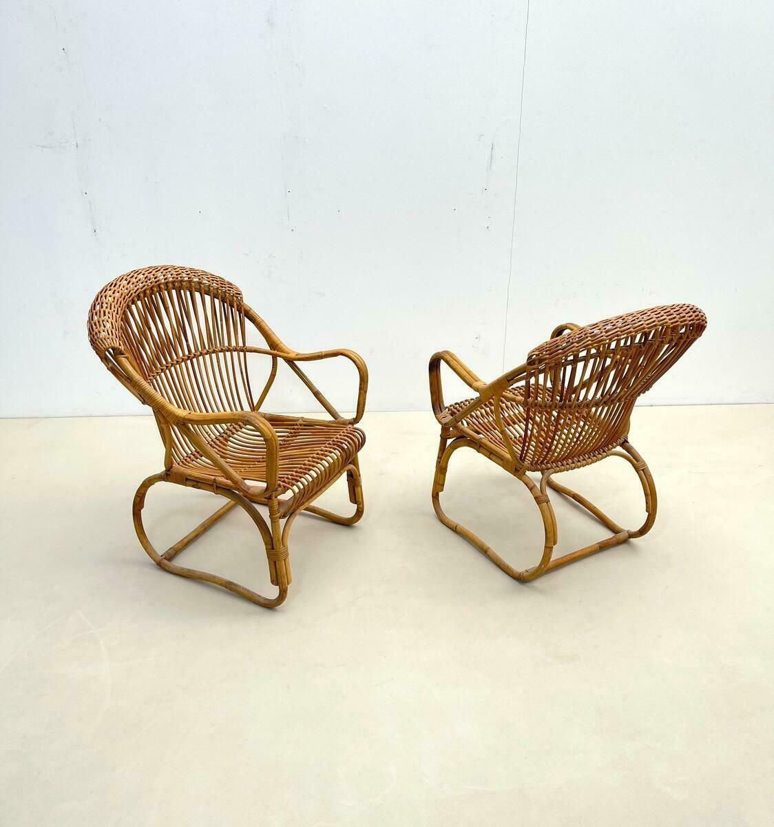 Furniture Pair Of Mid Century Modern Rattan Armchairs, Italy, 1960s photo
