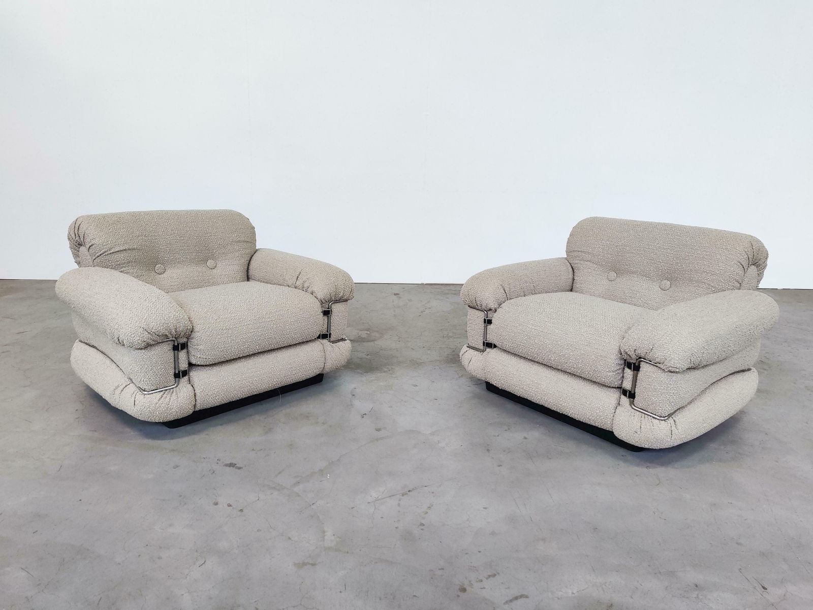 Mid Century Modern Pair Of Italian Armchairs, New Upholstery Beige Boucle Fabric photo furniture