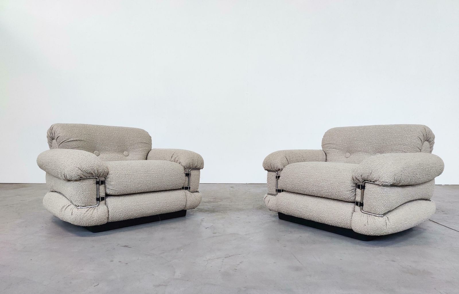 Mid Century Modern Pair Of Italian Armchairs, New Upholstery Beige Boucle Fabric photo for sale