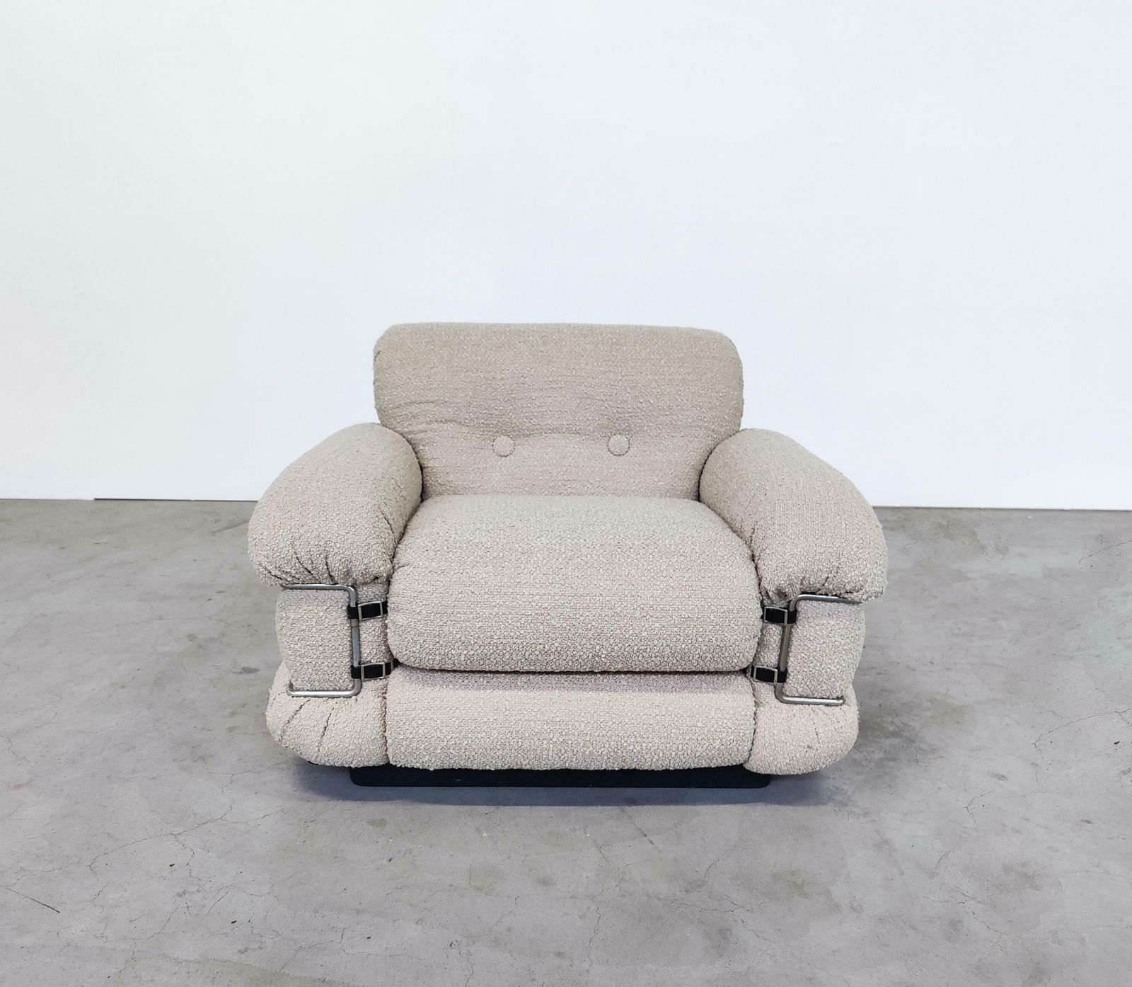 photo for sale Mid Century Modern Pair Of Italian Armchairs, New Upholstery Beige Boucle Fabric