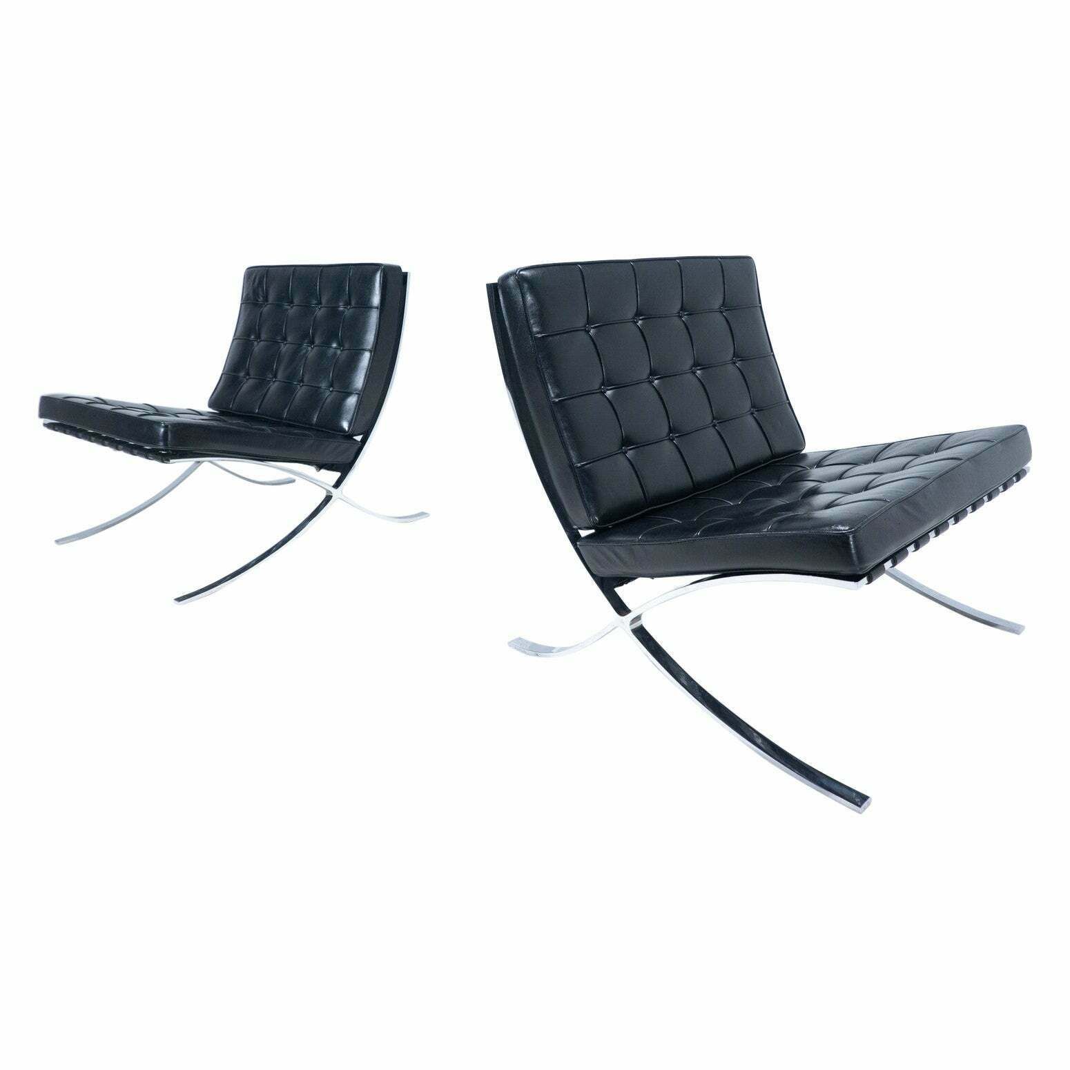 Pair Of Black Leather Barcelona Chairs By Mies Van Der Rohe For Knoll, 1960s
