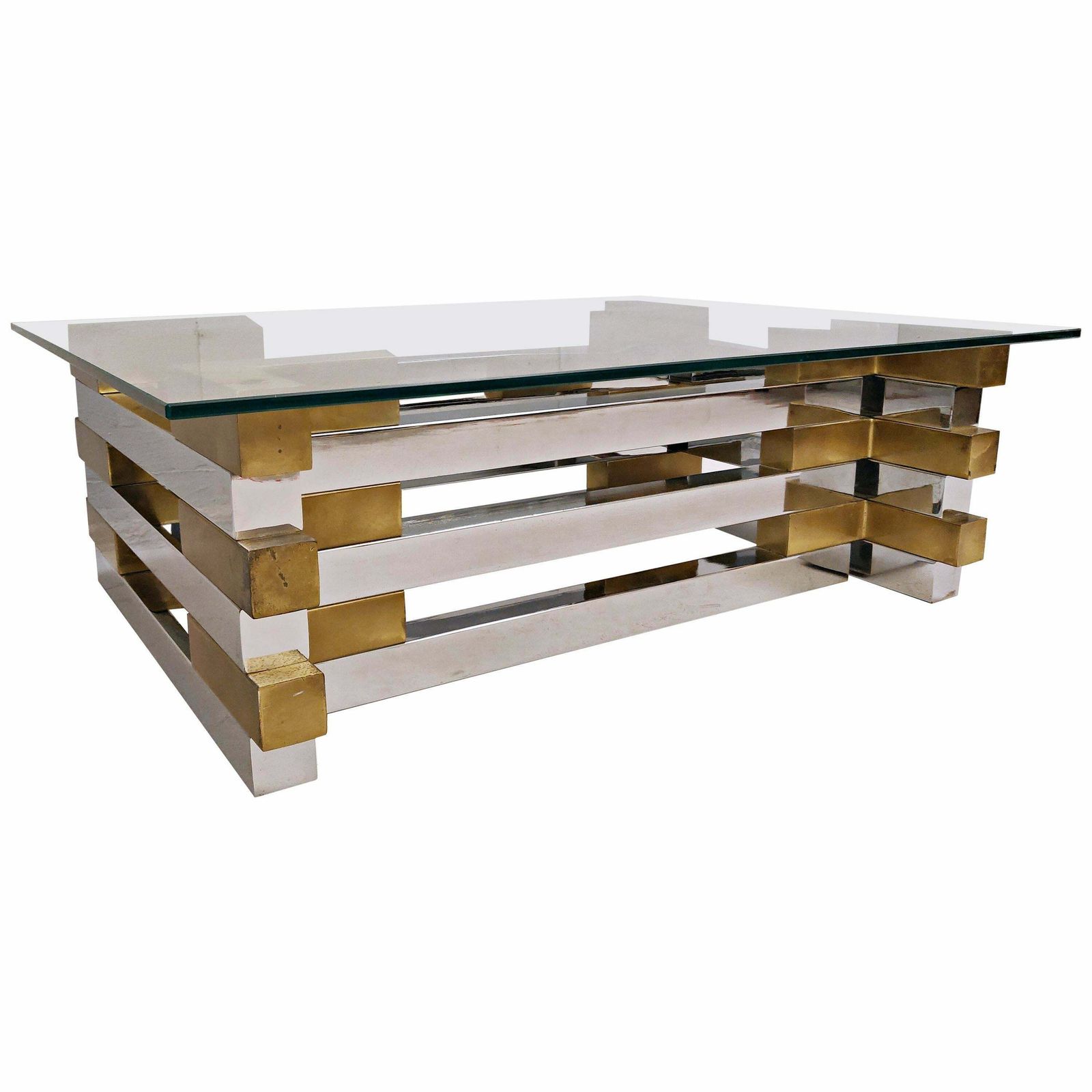 Mid Century Modern Coffee Table In Brass, Chrome And Glass