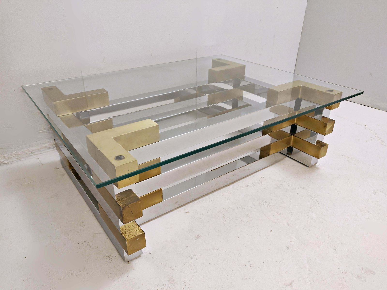 Mid Century Modern Coffee Table In Brass, Chrome And Glass photo furniture