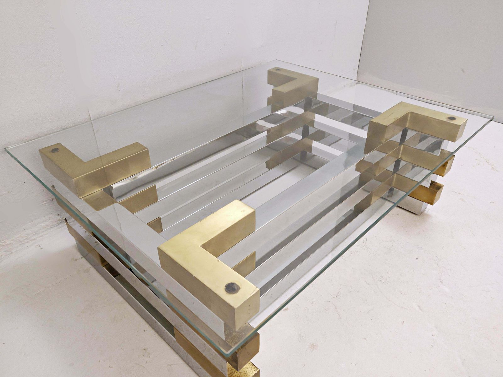 Mid Century Modern Coffee Table In Brass, Chrome And Glass photo Furniture