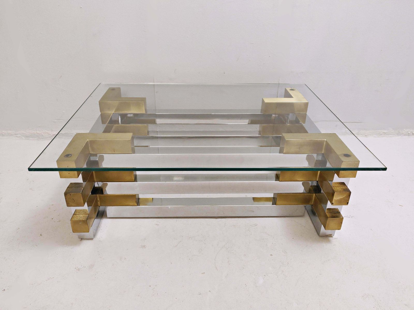 photo for sale Mid Century Modern Coffee Table In Brass, Chrome And Glass